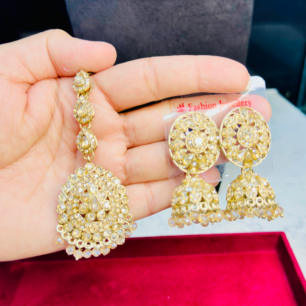 Oval Jhumka Earrings & Tikka Set | Stylish Wedding & Party Jewellery