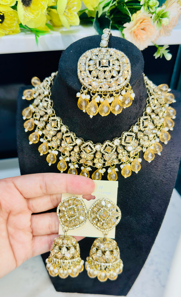 Golden Polki Necklace Set with maang Tikka